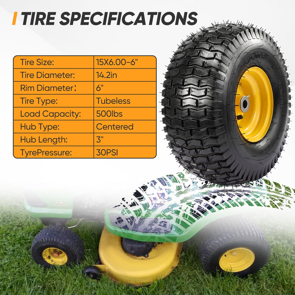 15x6.00-6 Flat Free Lawn Mower Tire and Wheel, 15x6-6 Front Tire Assembly