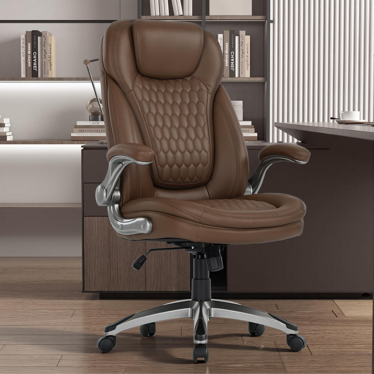 COLAMY High Back Executive Office Chairs, Ergonomic PU Leather Desk Chairs with Flip-Up Armrests, Adjustable Height, Lumbar Support, Comfortable Computer Chairs for Home Office, Set of 2