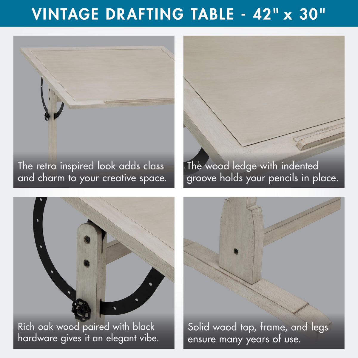 Studio Designs Vintage Drafting Table - Antique Design Solid Wood Drafting Table with Built-In Pencil Groove and Pencil Ledge - Angle Adjustable Work Surface