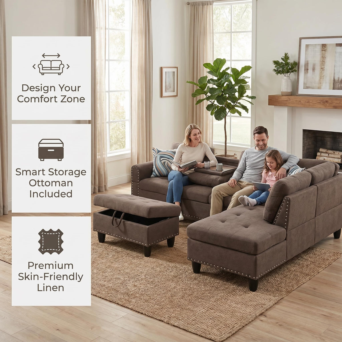 97.5" Leather L Shaped Couch with Left Chaise & Cup Holder, Sectional Sofas Modular Furniture Set with Storage Ottoman, Convertible Couches for Living Room, Office & Small Space (Black)