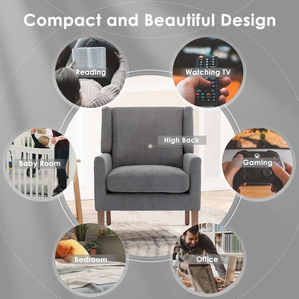 COLAMY Modern Wingback Living Room Chair, Upholstered Fabric Accent Armchair, Single Sofa Chair with Lounge Seat and Wood Legs for Office/Bedroom/Reading Spaces, Beige