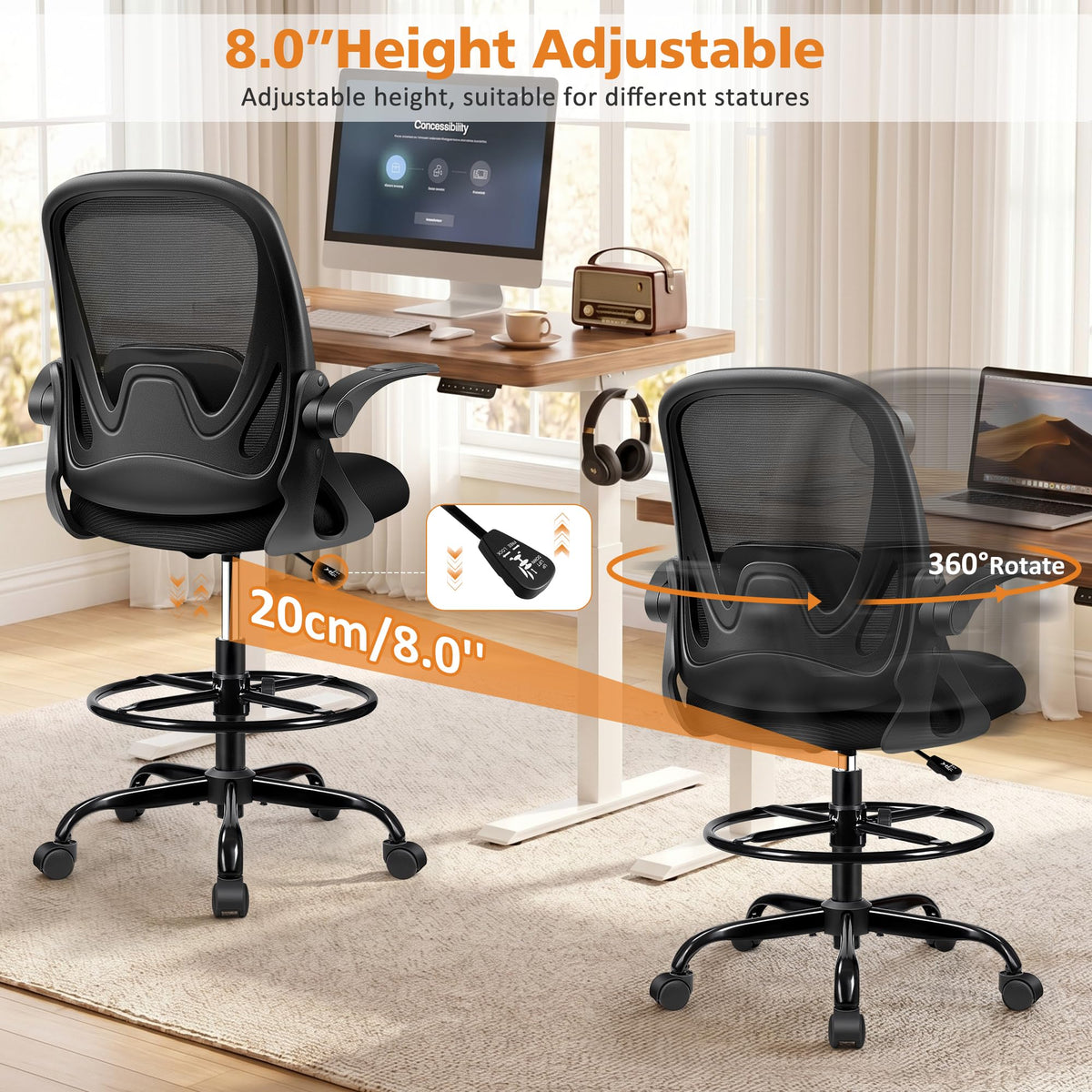 Drafting Chair Tall Office Chair with Flip-up Armrests, Adjustable Height, and Enhanced Lumbar Support - Ergonomic Rolling Stool, Back Support, and Adjustable Foot Rest Ring for Standing Desk White