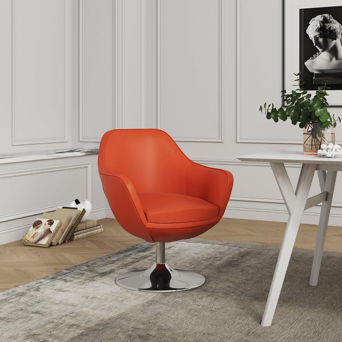Manhattan Comfort Caisson Swivel Accent Chair Set of 2 with 360Â° Turn, Hand Upholstered Faux Leather & Polished Chrome, Removable Cushion, Modern Design for Office & Living Room, Orange Faux