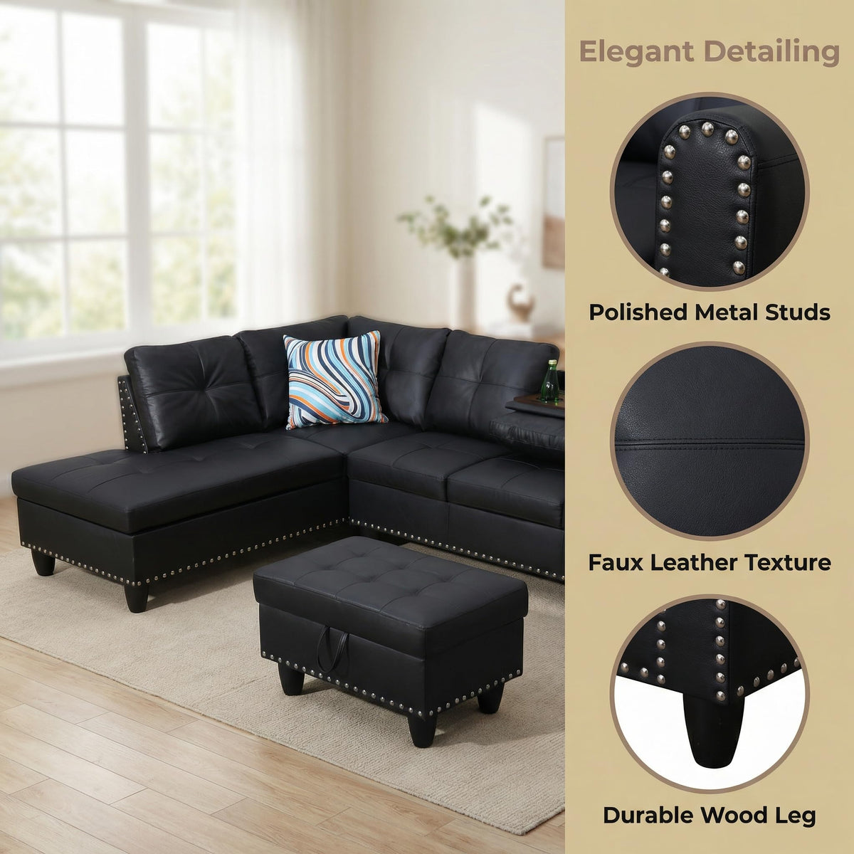 97.5" L-Shaped Modular Sectional Sofa with Movable Chaise & Storage Ottoman, 3 Piece Convertible Leather Couch, 4 Seat Gloss Black Living Room Furniture Set for Apartment Home Office