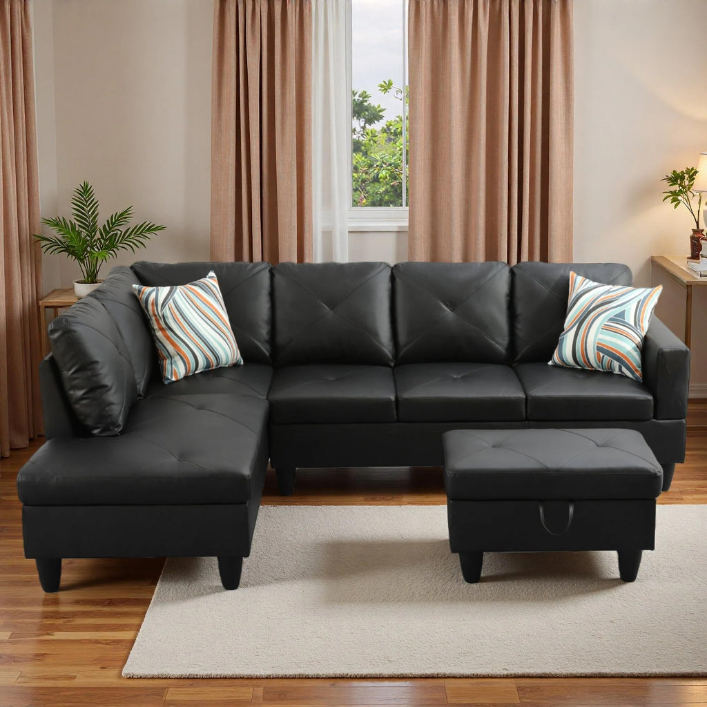 97.5" L-Shaped Modular Sectional Sofa with Movable Chaise & Storage Ottoman, 3 Piece Convertible Leather Couch, 4 Seat Gloss Black Living Room Furniture Set for Apartment Home Office