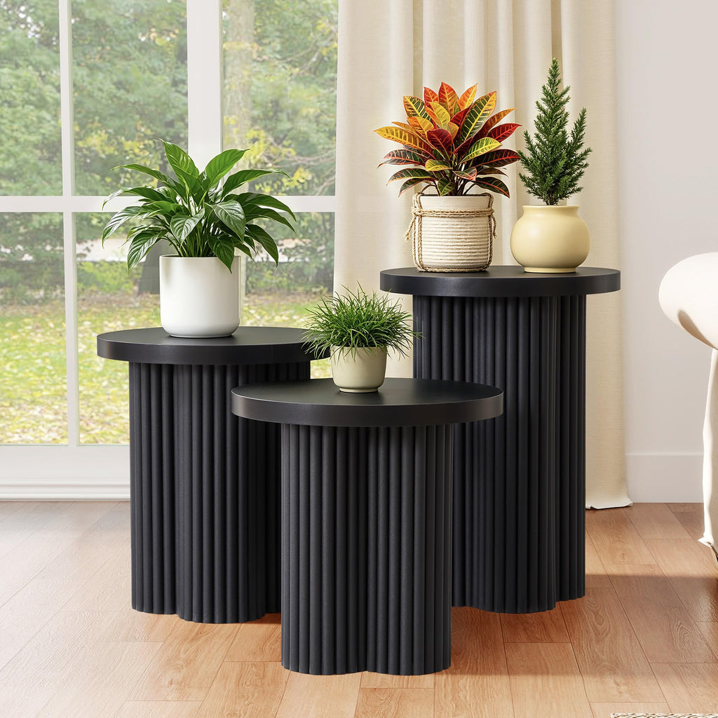 Round Nesting Coffee Table Set of 3 Fluted Coffee Table (Natural)