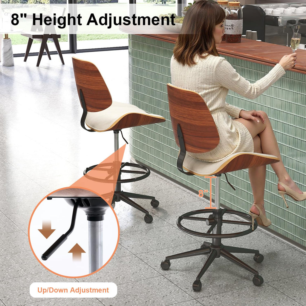 Drafting Chair, Ergonomic Office Chair with Walnut Wood Back Support, Armless PU Leather Desk Chair with Height-Adjustable, Thick Cushion for Home Office, Drafting, Art Studio (Black)
