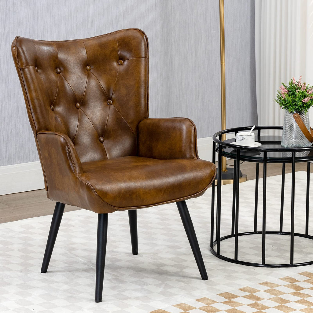 Furniliving PU Leather Accent Chair for Living Room, Upholstered Reading Chair with High Backrest, Tufted-Button Wingback Armchair for Bedroom, Dressing Room, Home Office, Brown, Set of 2