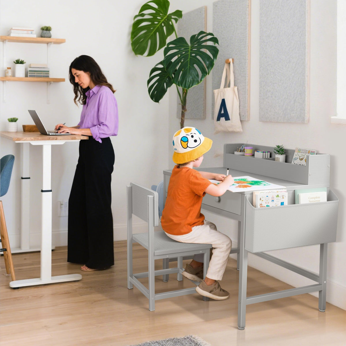 BOLUO White Kids Desk and Chair Set for 5-8 Year Old, Small Child Desk with Fabric Drawer, Children Study Table with Storage Toddler Girls Boys