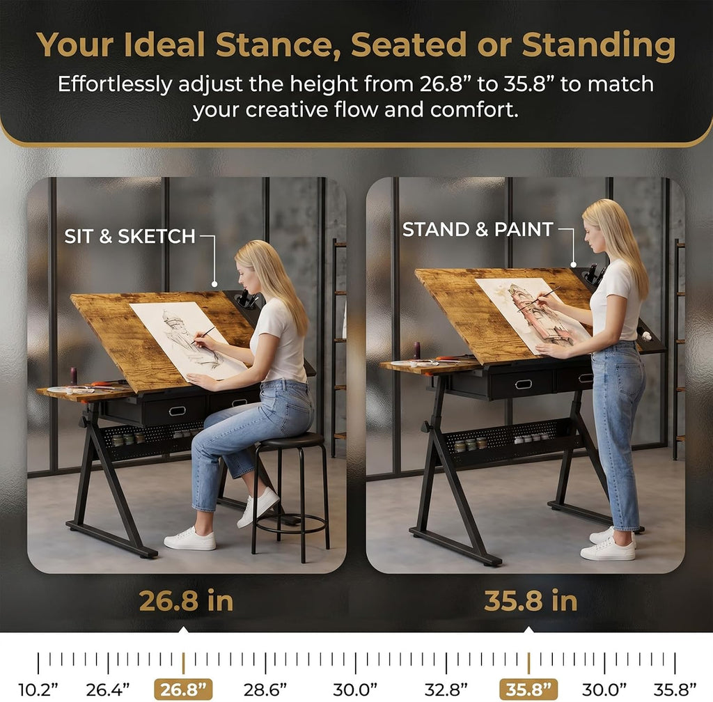 Height Adjustable Drafting Table w/Stool, Painting Table Art Craft Desk Crafting Drawing Desk with Tilting Tabletop, 2 Storage Drawers for Artist Painters (Rustic Brown)