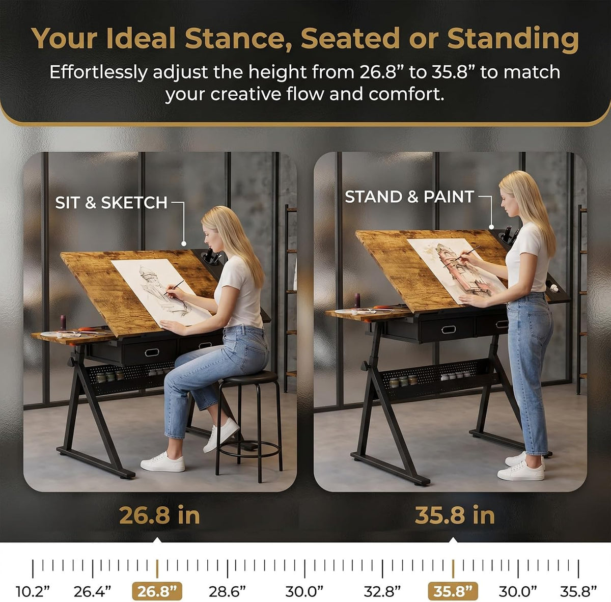 Height Adjustable Drafting Table w/Stool, Painting Table Art Craft Desk Crafting Drawing Desk with Tilting Tabletop, 2 Storage Drawers for Artist Painters (Rustic Brown)