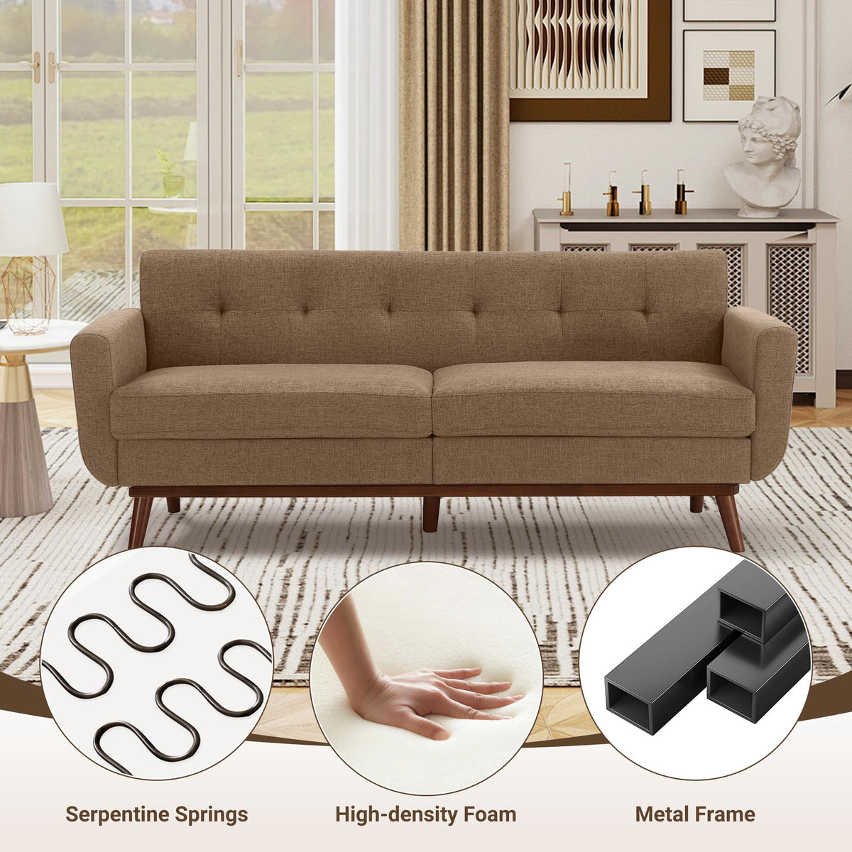 Kingfun 2 Piece Loveseat and Sofa Sets, Mid Century Modern Love Seat Couches for Living Room, Button Tufted Upholstered Furniture, Small Couch for Bedroom, Office, Beige