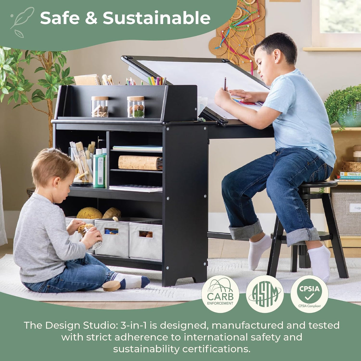 Guidecraft Design Studio â Black: 3-in-1 Kids Art Table & Stool Set, Writing, Crafting, Painting & Drafting Table for Kids with Craft Storage & Bins, Art Easel with Paper Roll, Toddler Activity Desk