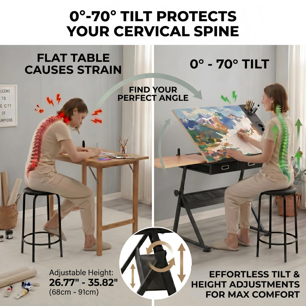 Adjustable Drawing Table with 3 Drawers & Stool, for Art & Work