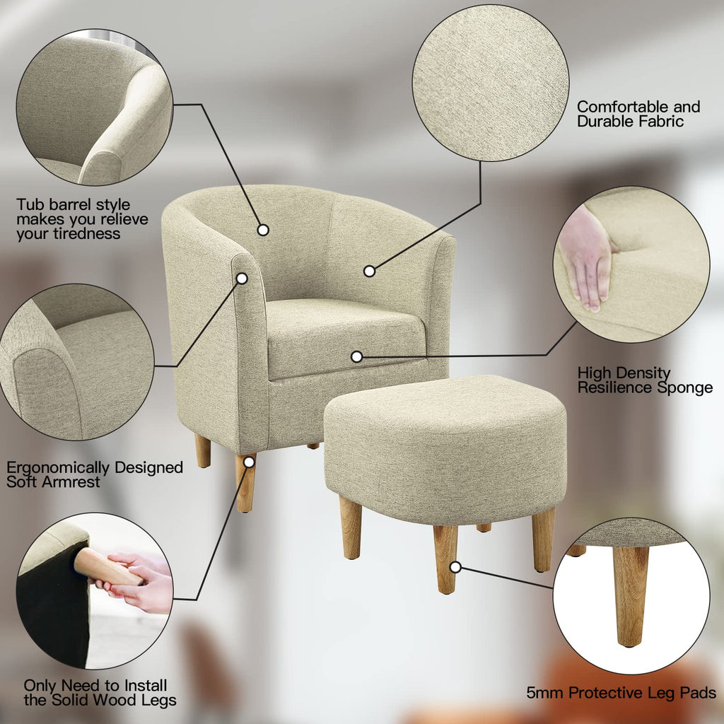 DAZONE Accent Chair with Ottoman, Modern Comfy Armchair Upholstered Barrel Club Chair and Footrest Set, Fabric Tub Arm Chairs for Living Room Bedroom Small Spaces Apartment Office, Set of 2, Gray