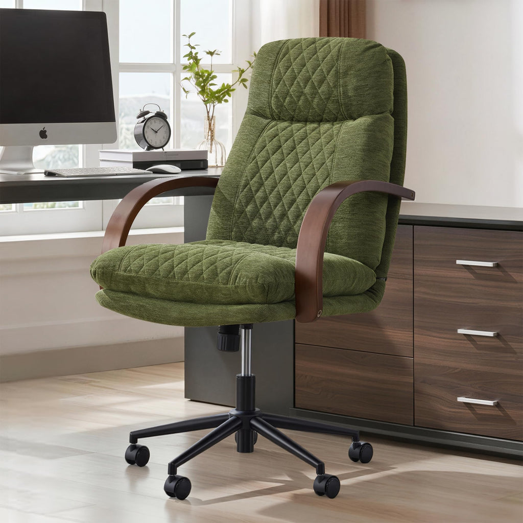 KISLOT Home Office Desk Chair, Ergonomic Office Chair with Lumbar Support, Adjustable Swivel Computer Chair with Wheels, Faux Leather Executive Task Chair with Wood Arms, Set of 2, Brown