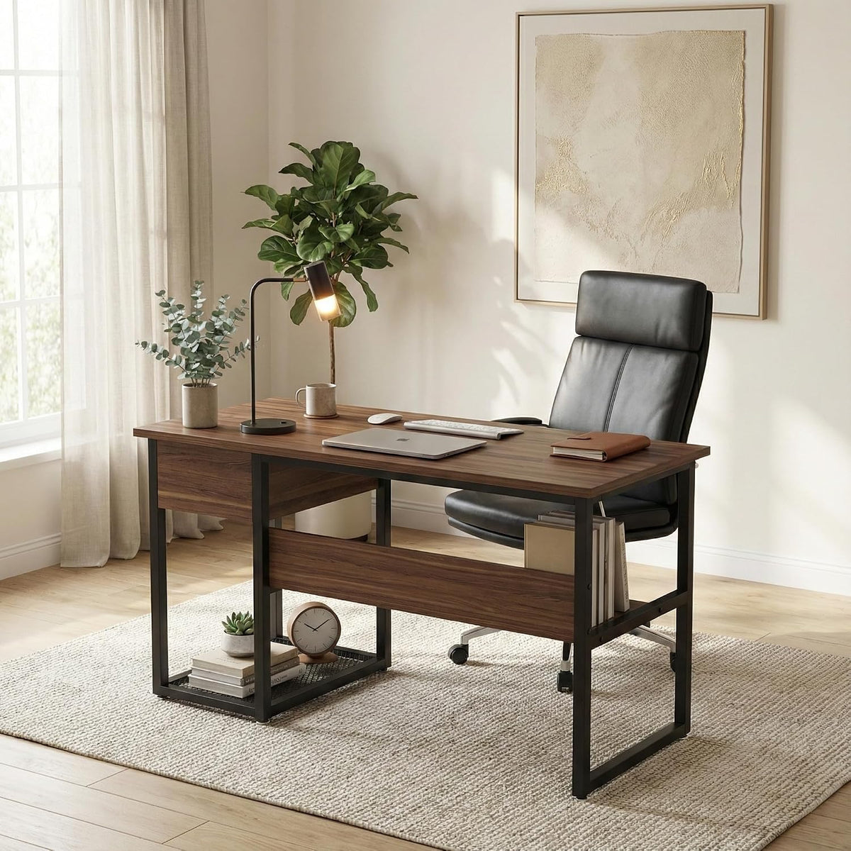 Lailang 47 Inch Computer Desk, Rectangular Office Desk, Drafting Table with Storage, Wood PC Desk, Art Desk for Adults, Small Writing Desk, 47 x 24 x 30 Inch, Walnut Black