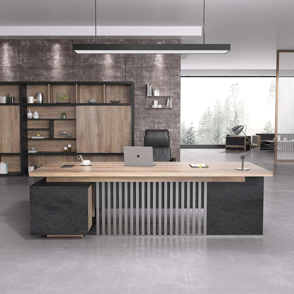 78.7 Inch Large Executive Desk with Drawers Cabinet, L Shaped Office Desk, Computer Desk with Universal Charging Ports and Cable Management for Business Furniture Set Workstation for Home Office