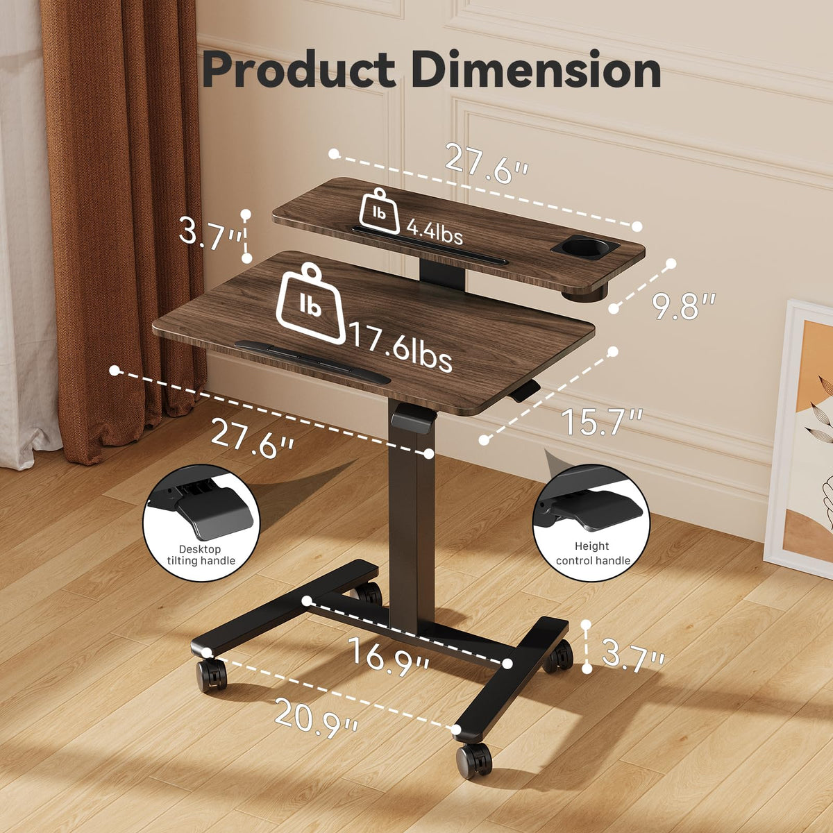 28" Mobile Standing Desk, Tiltable Top with 2-Tier Shelves, White