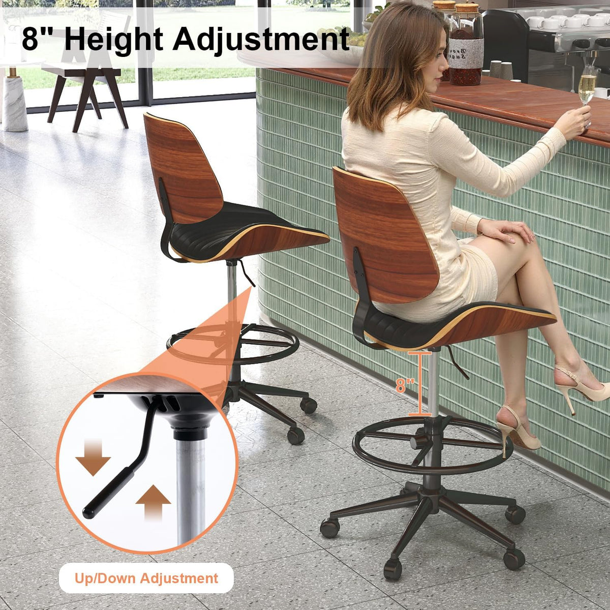Drafting Chair, Ergonomic Office Chair with Walnut Wood Back Support, Armless PU Leather Desk Chair with Height-Adjustable, Thick Cushion for Home Office, Drafting, Art Studio (Black)