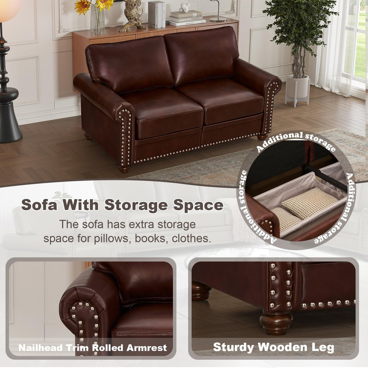 2 Piece Faux Leather Sofa Set,Modern Couch and Loveseat Sets with Storage,Mid Century Couch with Rivet Rolled Arm,Comfy Deep Seat Sofa,Furniture for Living Room,Office(Loveseat+3 Seater,Navy)