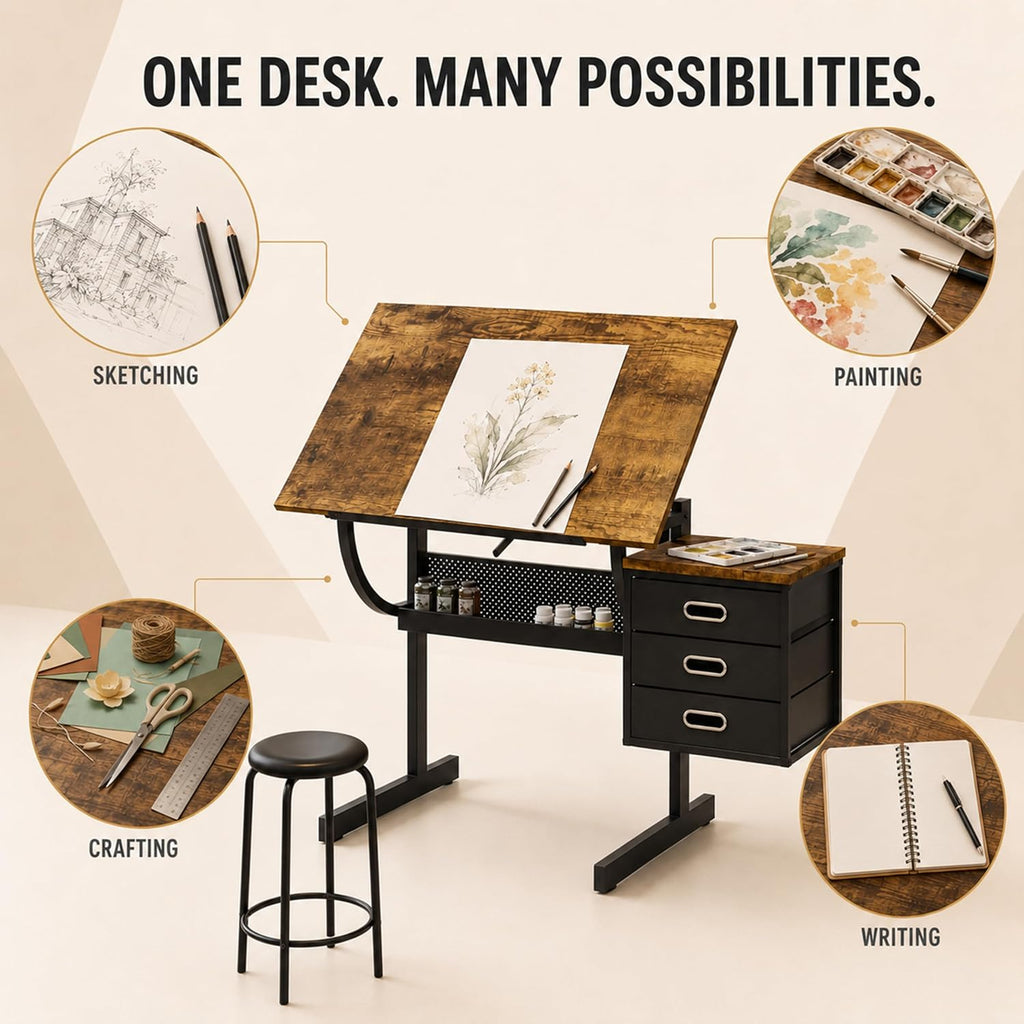 Adjustable Drawing Table with 3 Drawers and Stool, Black