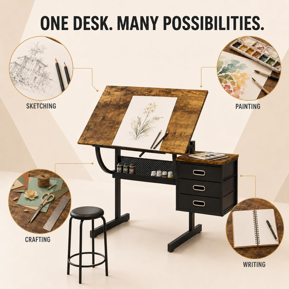 Adjustable Drawing Table with 3 Drawers and Stool, Black