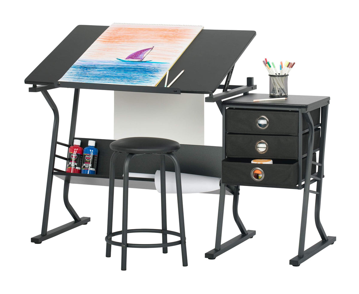 2 Piece Eclipse Ultra Center/Drawing Table with Stool, Angle Adjustable Top, Storage Shelves, and Drawers