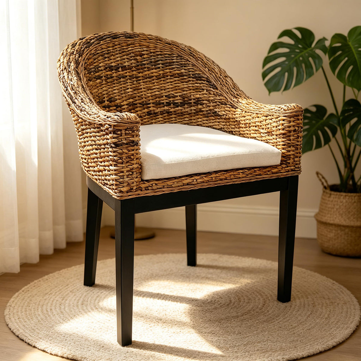 DUHOME 2 Sets Wood Rattan Arm Accent Chairs Natural Wash/White Cushion