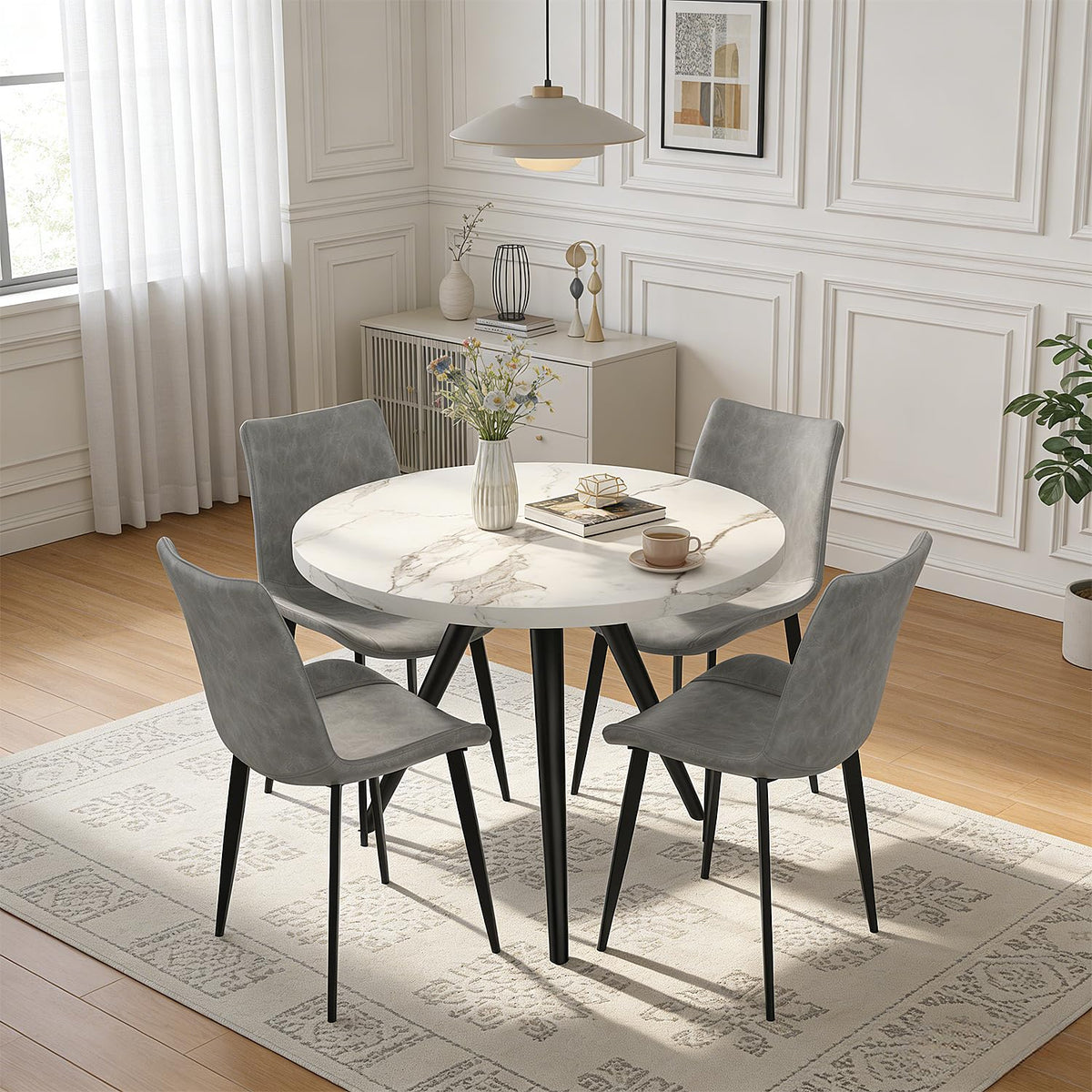 34.6" Round Dining Table Set for 4, Modern Kitchen Coffee Table Set, Walnut