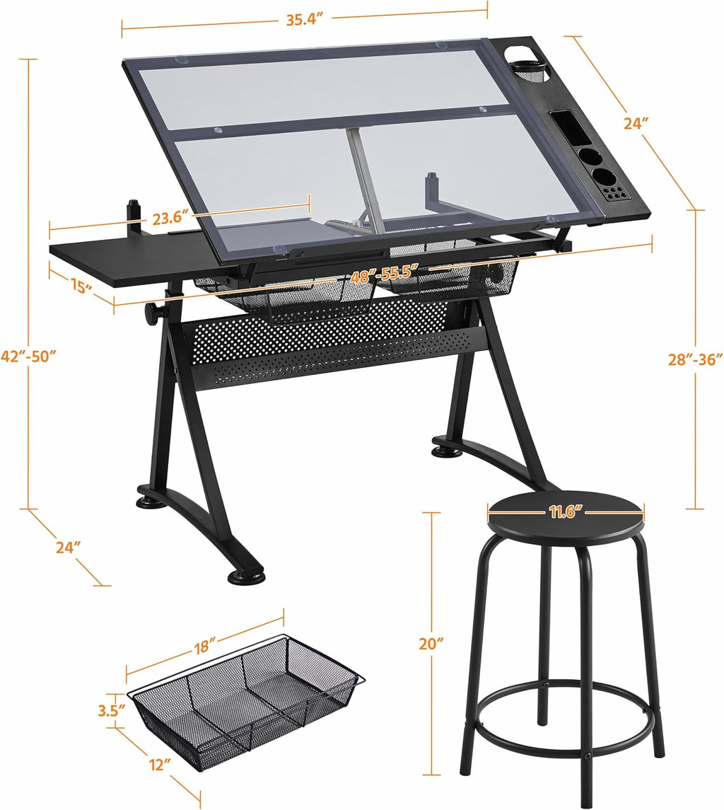 Yaheetech Adjustable Drafting Table & Stool, Tilting Glass Art Desk, Black