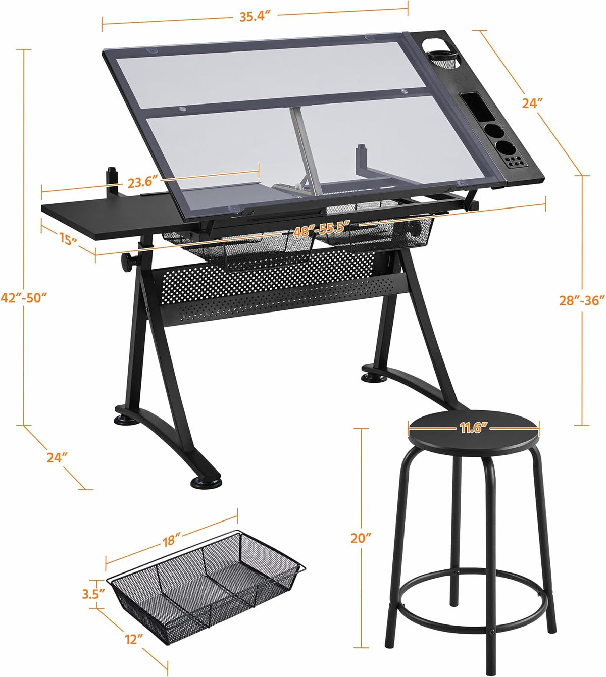 Yaheetech Adjustable Drafting Table & Stool, Tilting Glass Art Desk, Black
