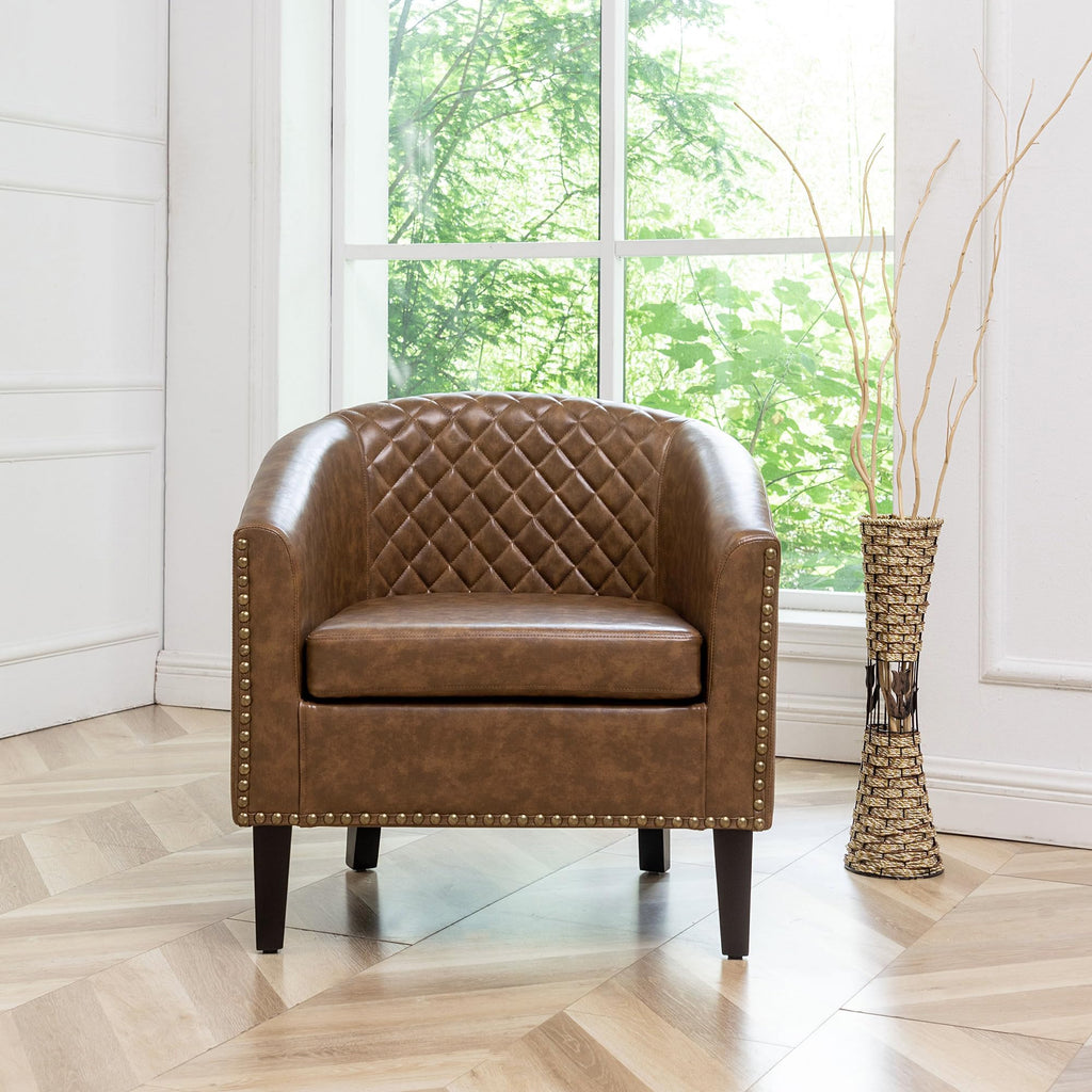 KINWELL 29" W Faux Leather Tufted PU Barrel Club Chairs Set of 2, Black