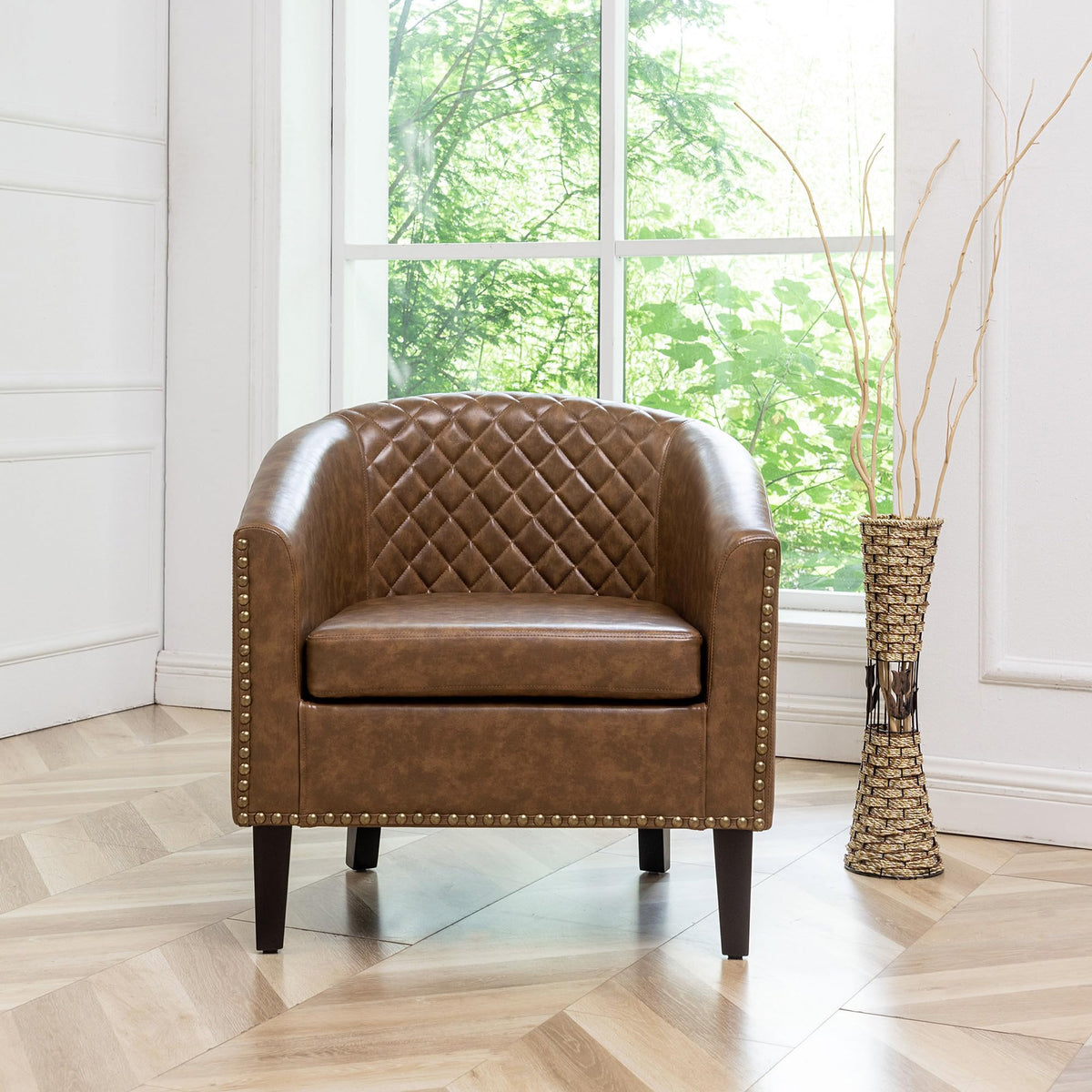 KINWELL 29" W Faux Leather Tufted PU Barrel Club Chairs Set of 2, Black