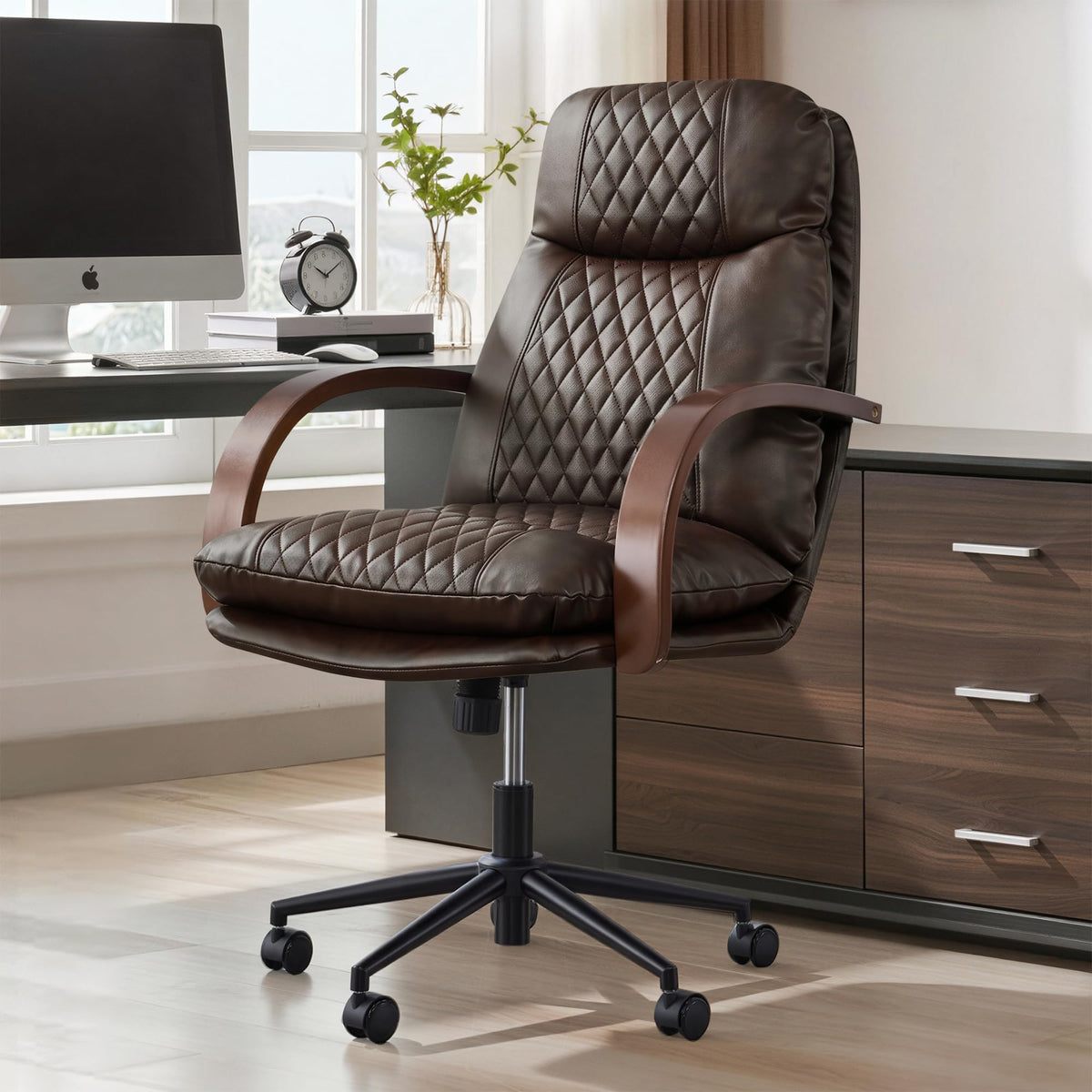 KISLOT Home Office Desk Chair, Ergonomic Office Chair with Lumbar Support, Adjustable Swivel Computer Chair with Wheels, Faux Leather Executive Task Chair with Wood Arms, Set of 2, Brown