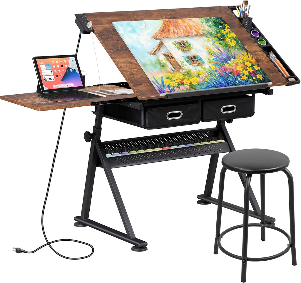 ZENY Adjustable Drafting Table with Stool Tilting Drawing Desk Artist Table