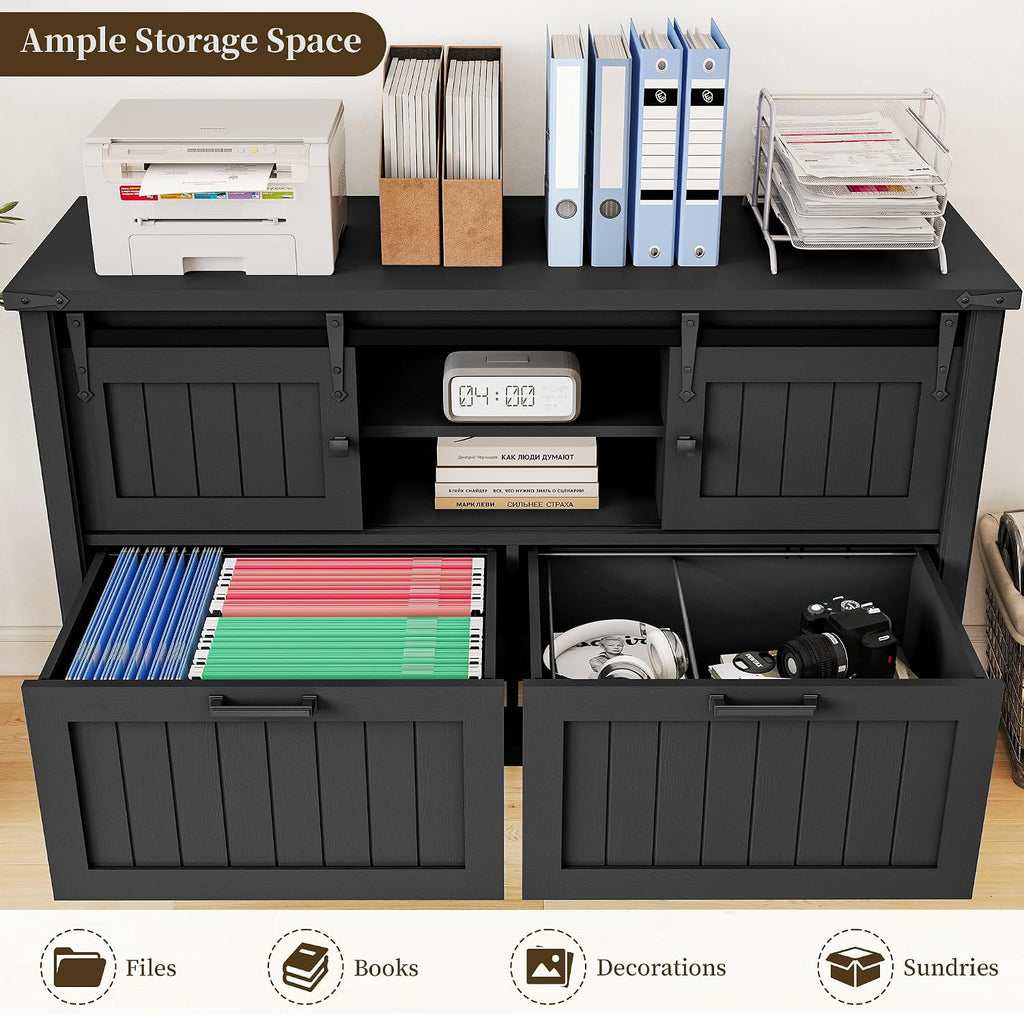 Farmhouse 3-Piece Home Office Set â 46" Wide 2-Drawer Lateral File Cabinet with Power Outlets & USB, Two 71" Tall 5-Tier Bookcases with Adjustable Shelves & Anti-Tip Kit, Black