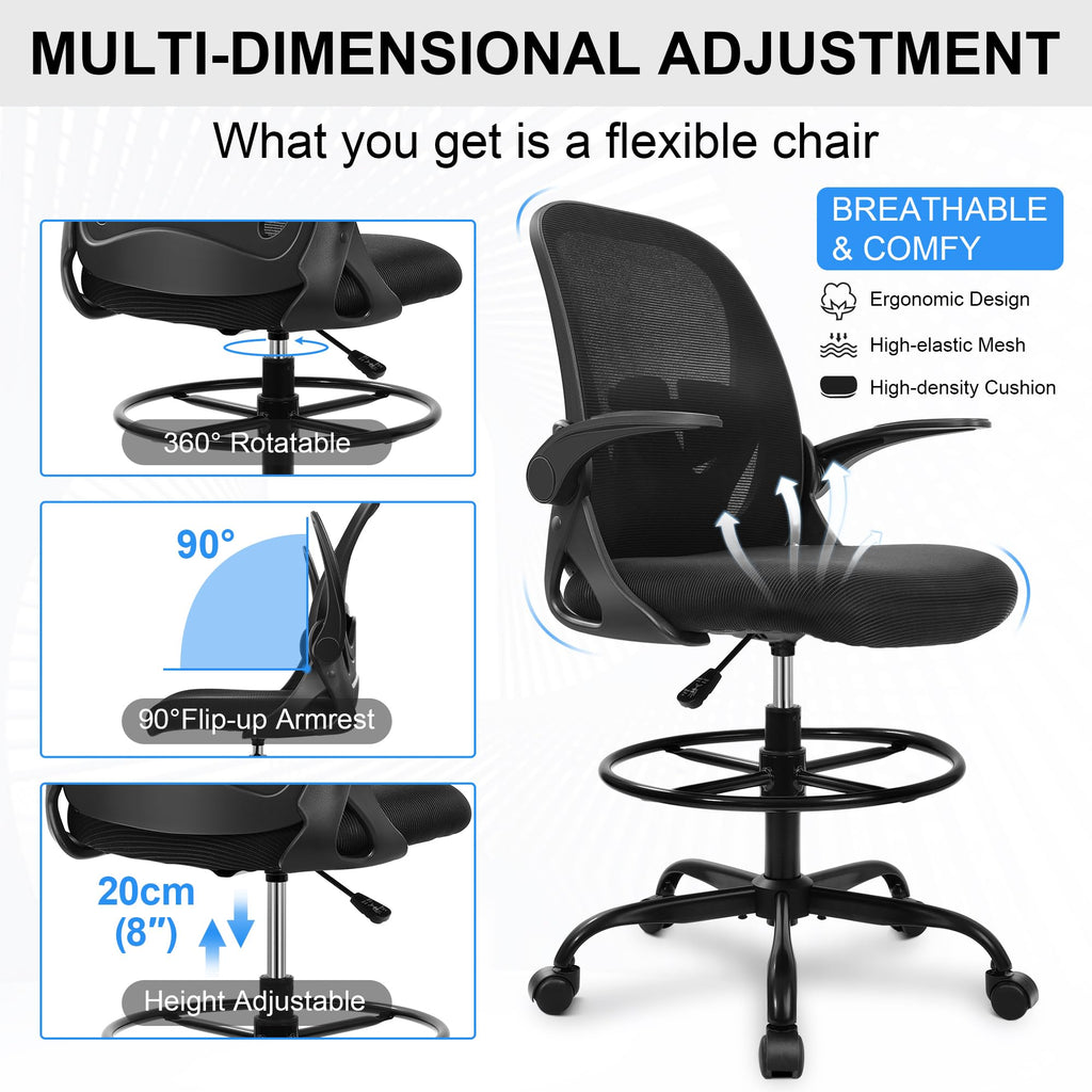 Drafting Chair Tall Office Chair with Flip-up Armrests, Adjustable Height, and Enhanced Lumbar Support - Ergonomic Rolling Stool, Back Support, and Adjustable Foot Rest Ring for Standing Desk White