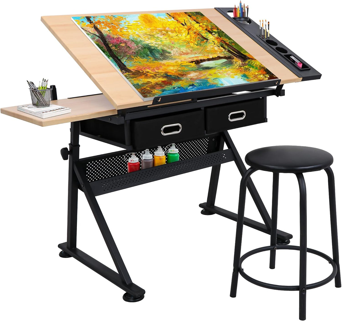 NOVA MICRODERMABRASION Adjustable Height Drafting Desk Drawing Table Tiltable Tabletop for Reading, Writing Art Craft w/Stool and Drawers