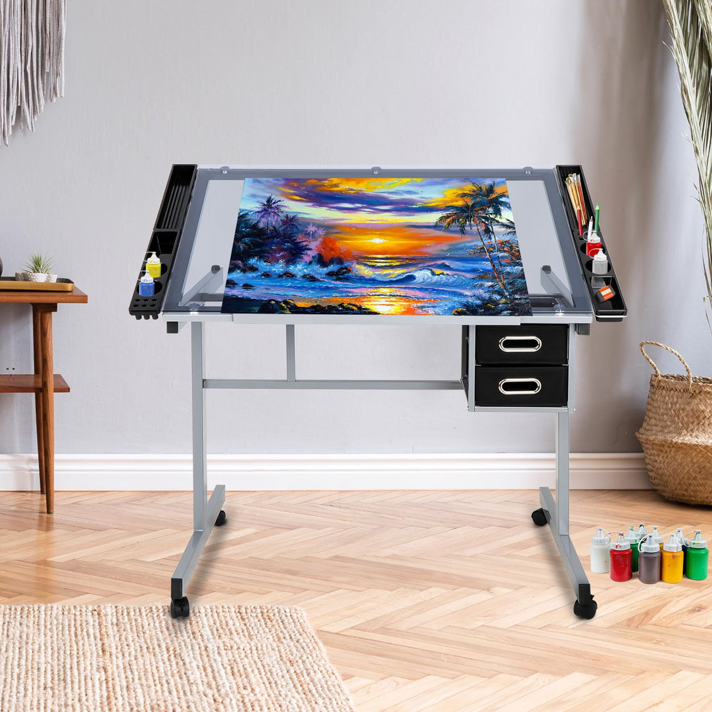 NOVA MICRODERMABRASION Adjustable Height Drafting Desk Drawing Table Tiltable Tabletop for Reading, Writing Art Craft w/Stool and Drawers