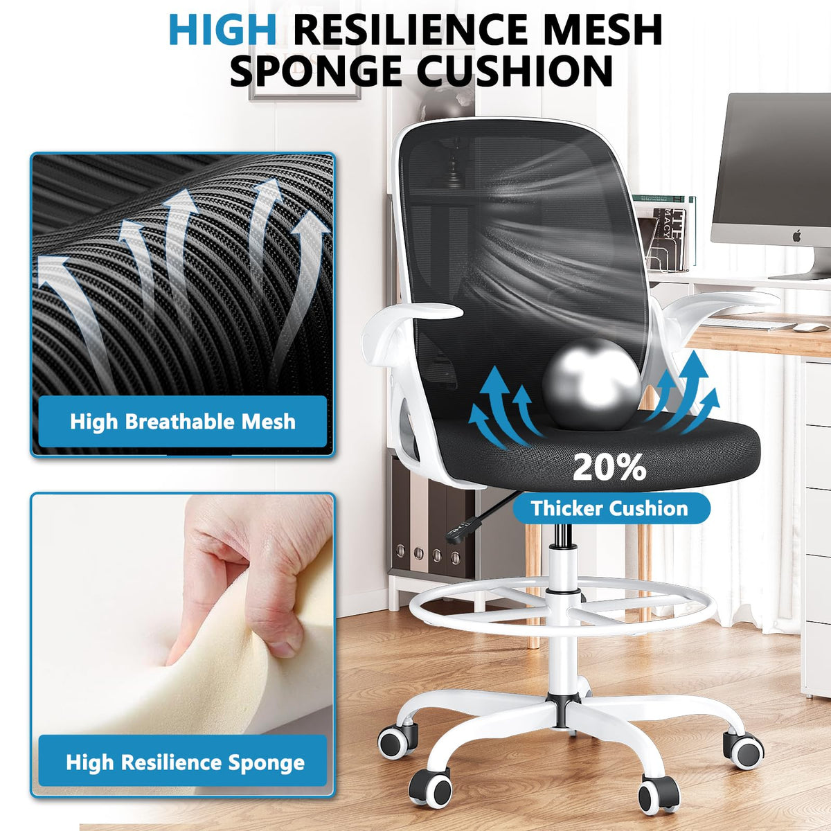 Kensaker Drafting Chair Tall Office Chair, Ergonomic Standing Desk Chair with Adjustable Foot Ring and Flip-up Armrests, Mesh Computer Chair for Art Studio, 300 LBS, Black