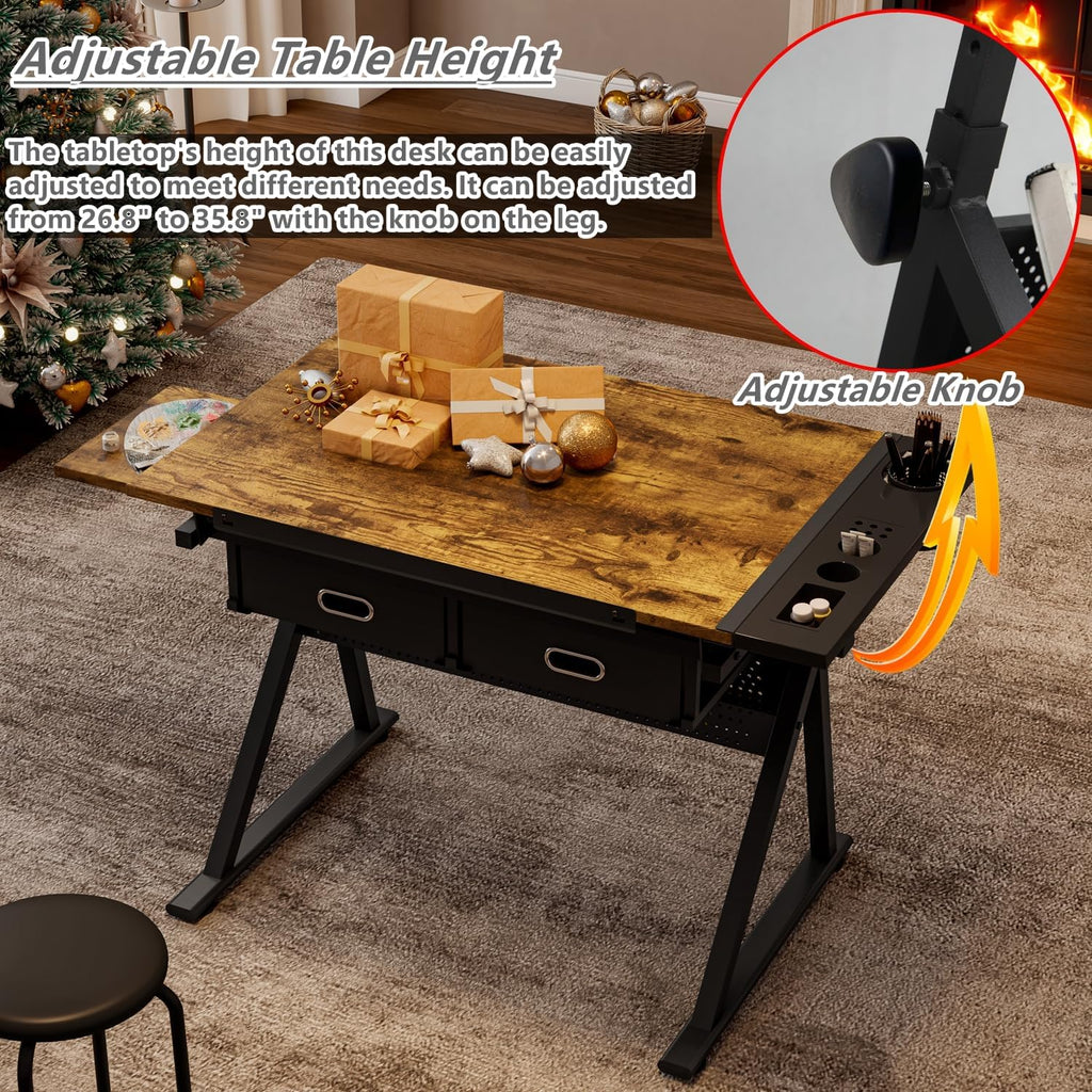 Height Adjustable Art Table Drafting Table with Stool, Rustic