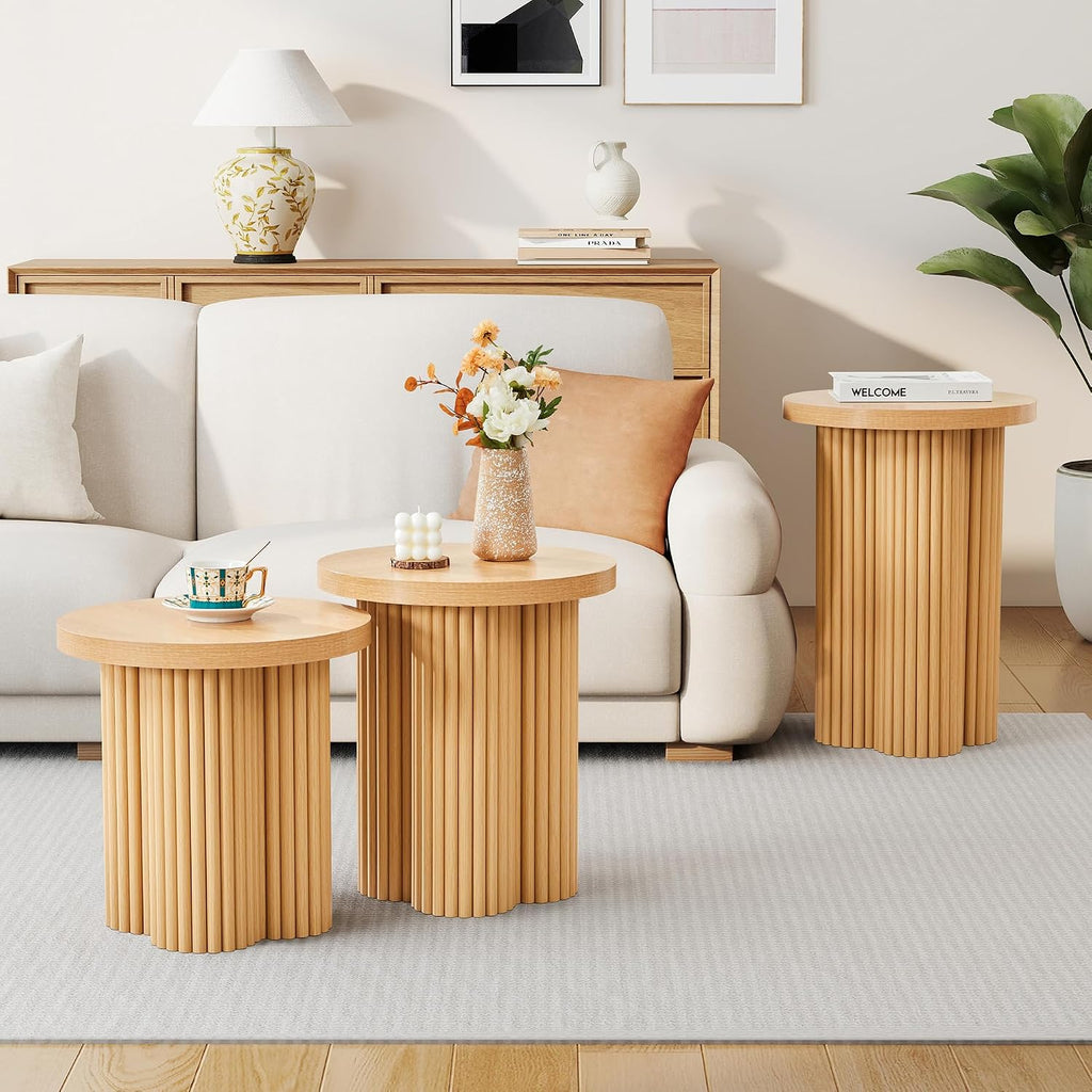 Round Nesting Coffee Table Set of 3 Fluted Coffee Table (Natural)