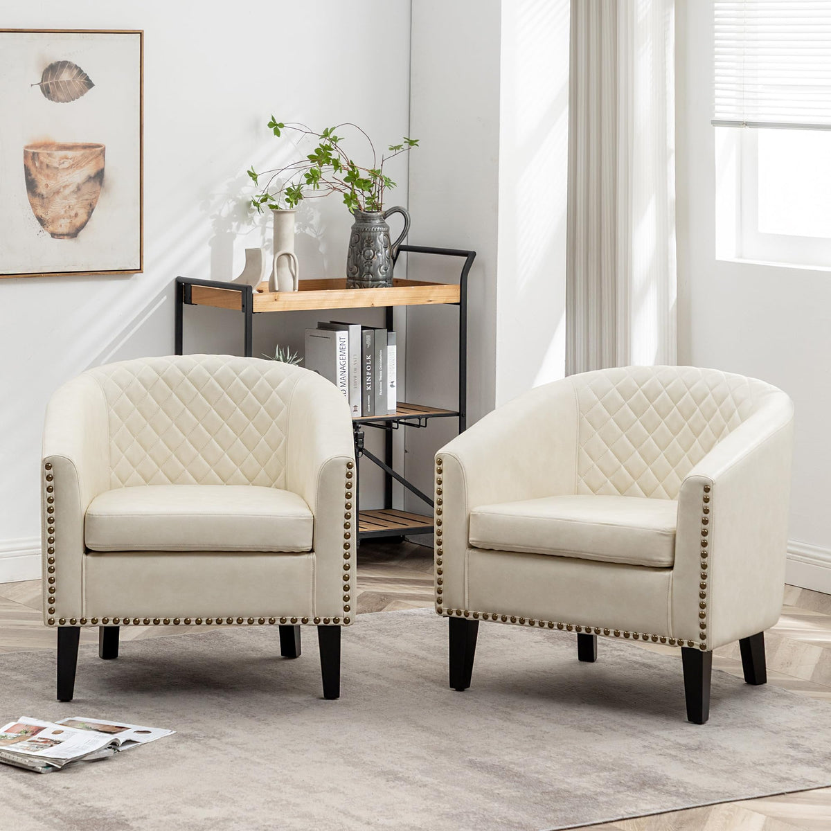 KINWELL 29" W Faux Leather Tufted PU Barrel Club Chairs Set of 2, Black