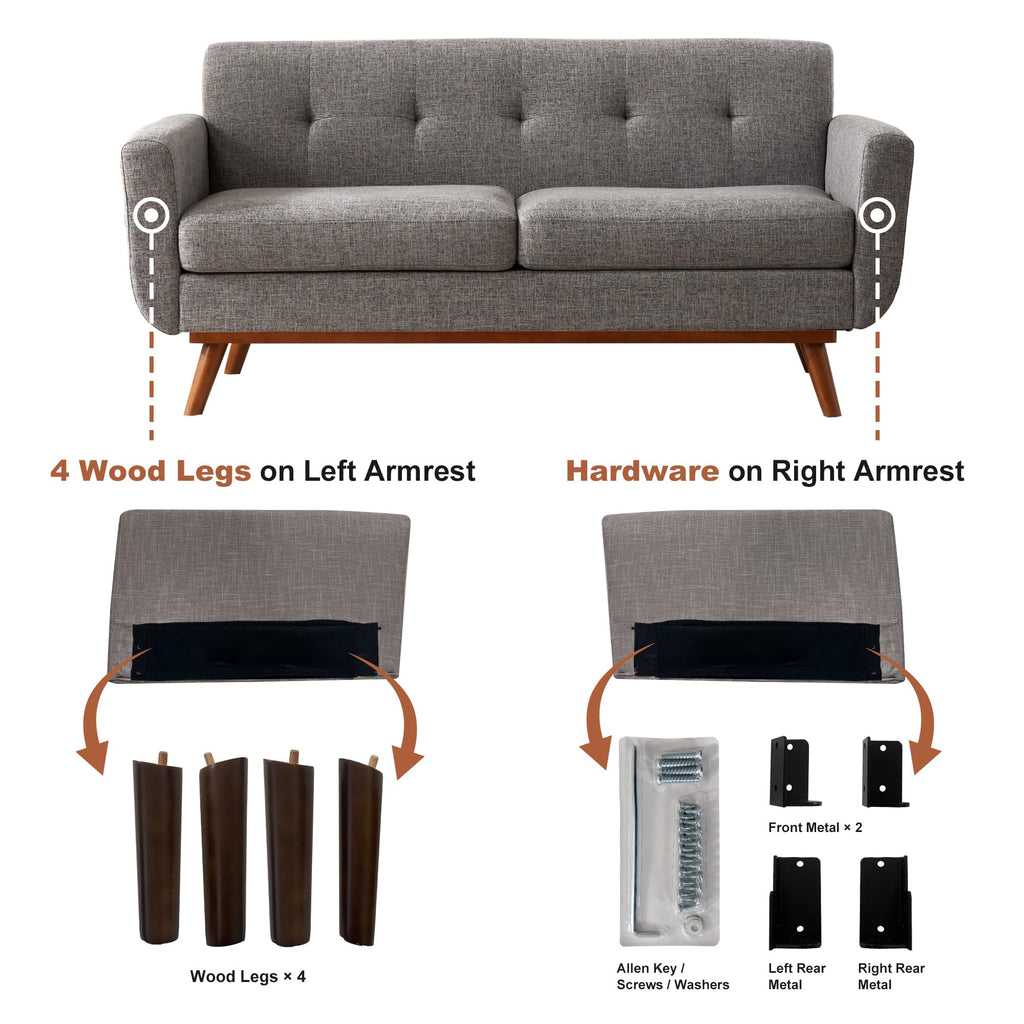 Kingfun 2 Piece Loveseat and Sofa Sets, Mid Century Modern Love Seat Couches for Living Room, Button Tufted Upholstered Furniture, Small Couch for Bedroom, Office, Beige
