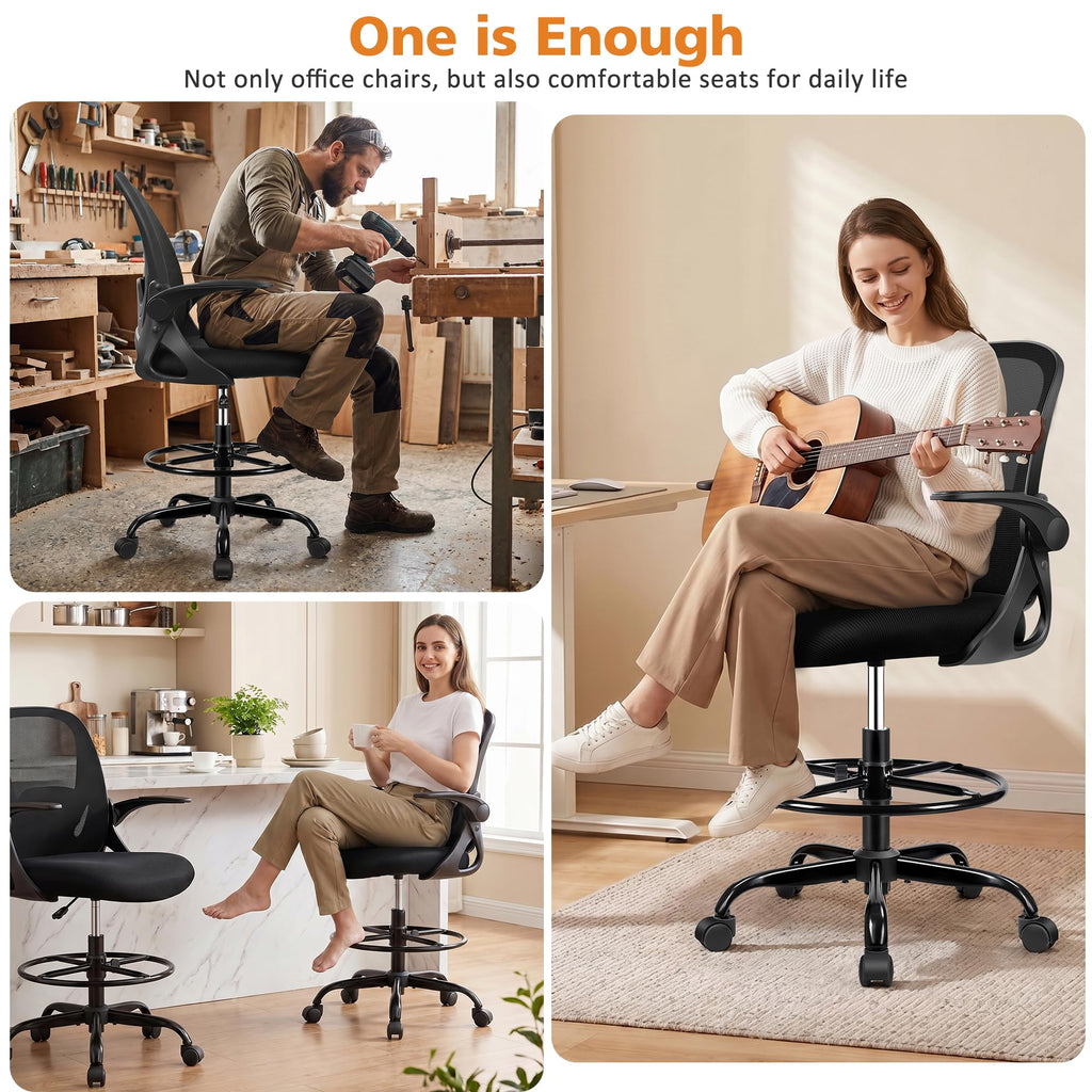 Drafting Chair Tall Office Chair with Flip-up Armrests, Adjustable Height, and Enhanced Lumbar Support - Ergonomic Rolling Stool, Back Support, and Adjustable Foot Rest Ring for Standing Desk White
