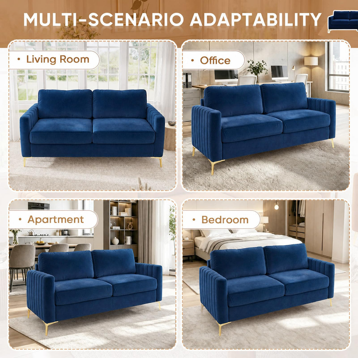 2 Piece Sofa and Loveseat Set, Comfy Tufted Velvet Couch and Loveseat Sets Furniture with Gold Leg, Mid Century Modern Couch Soft Upholstered Sofa Set of 2 for Living Room Bedroom Office (Navy Blue)
