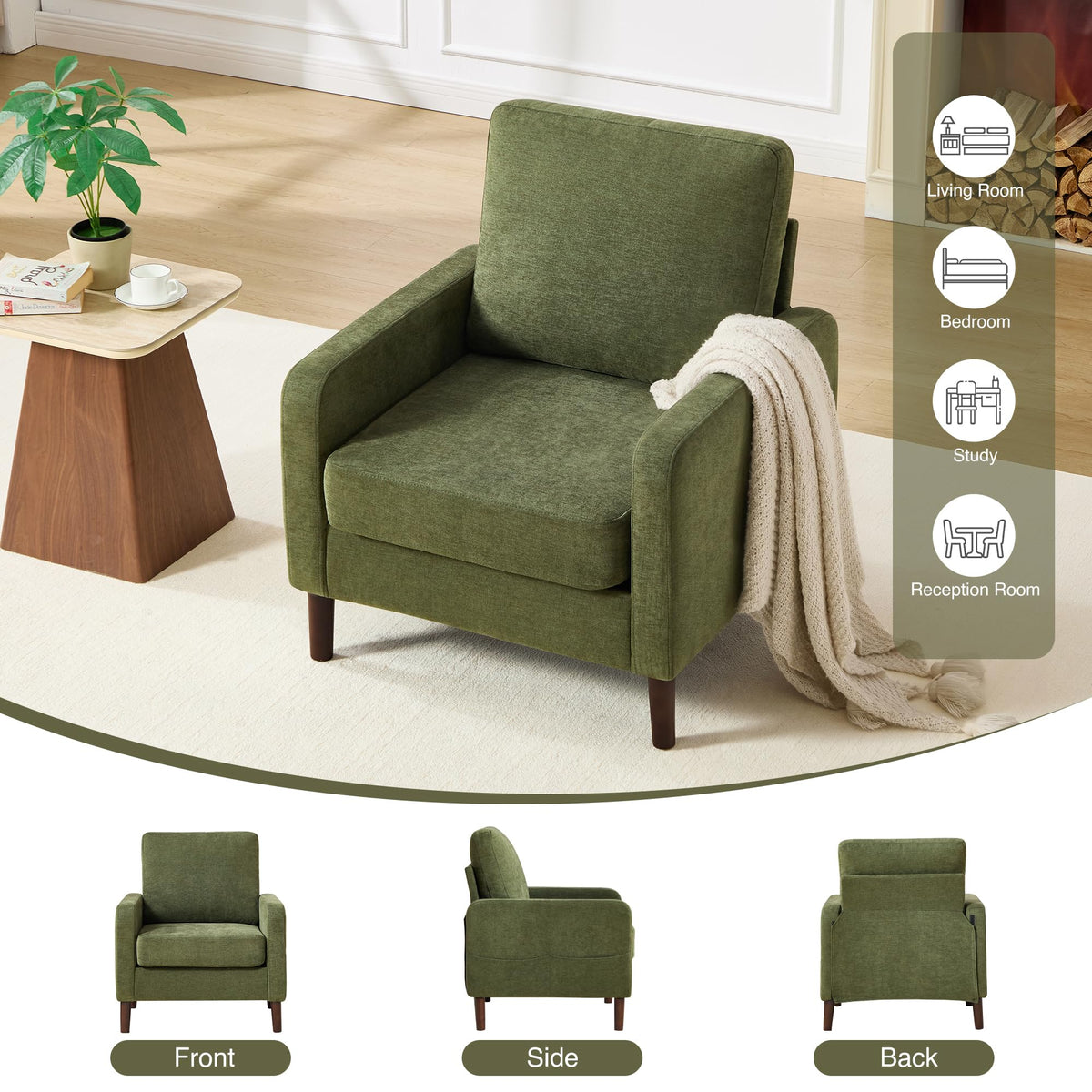 Accent Chair Set of 2, Upholstered Living Room Chairs with Wood Legs and Side Pockets, Modern Reading Chair for Bedroom, Armchair Single Sofa Side Chair for Office, Small Room, Dark Grey