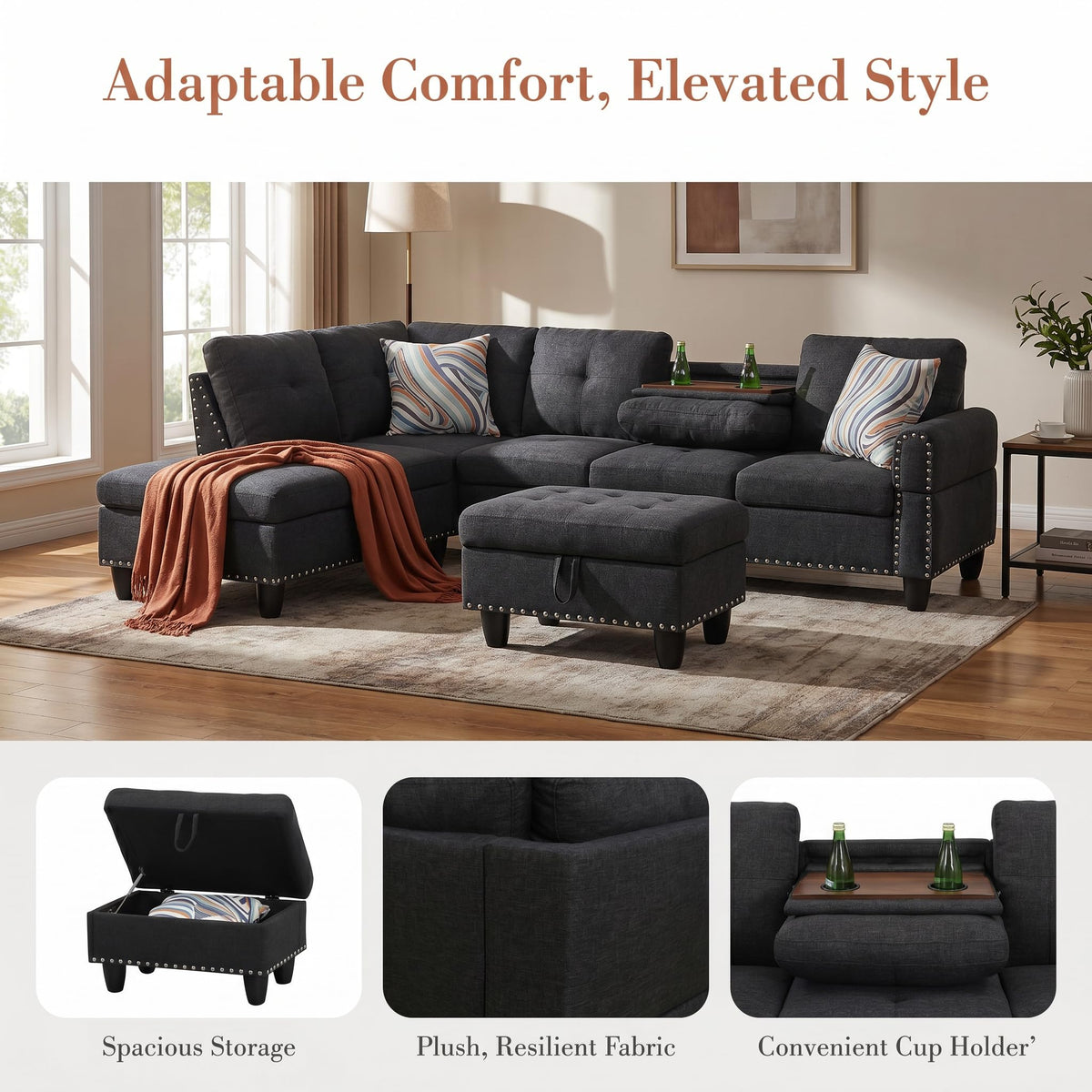 97.5" Leather L Shaped Couch with Left Chaise & Cup Holder, Sectional Sofas Modular Furniture Set with Storage Ottoman, Convertible Couches for Living Room, Office & Small Space (Black)
