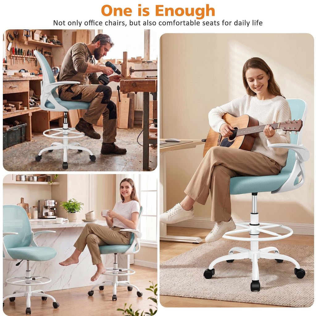 Drafting Chair Tall Office Chair with Flip-up Armrests, Adjustable Height, and Enhanced Lumbar Support - Ergonomic Rolling Stool, Back Support, and Adjustable Foot Rest Ring for Standing Desk White